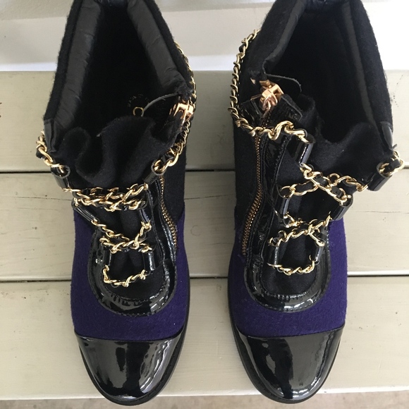 Black & Purple Winter Ankle Boots Gold Zip Chains - Picture 4 of 5